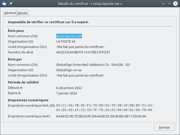 cert SMTP laposte expiré en 2024